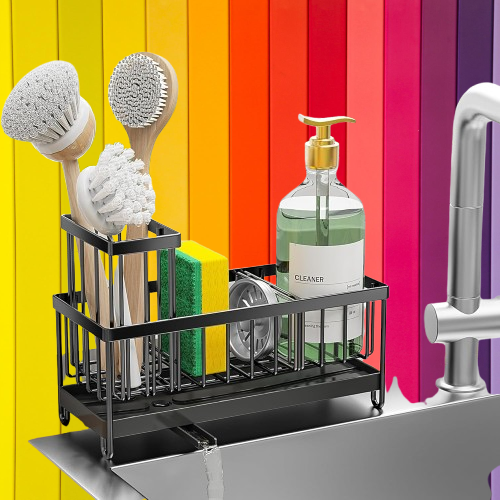 Black Sponge Holder for Kitchen Sink, Sink Caddy Organizer with High Brush Holder