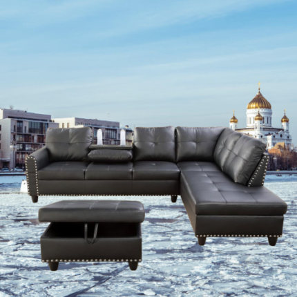 The L Shaped Sectional Sofa with Ottoman, featuring a nail-head design in black leather, is a modern and functional addition to any living room, bedroom, or office space.